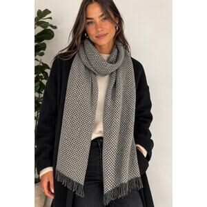 Samkas Wool Polka Dotted Scarf Made in Italy Gray Fringe Wrap 15X74 Rectangle